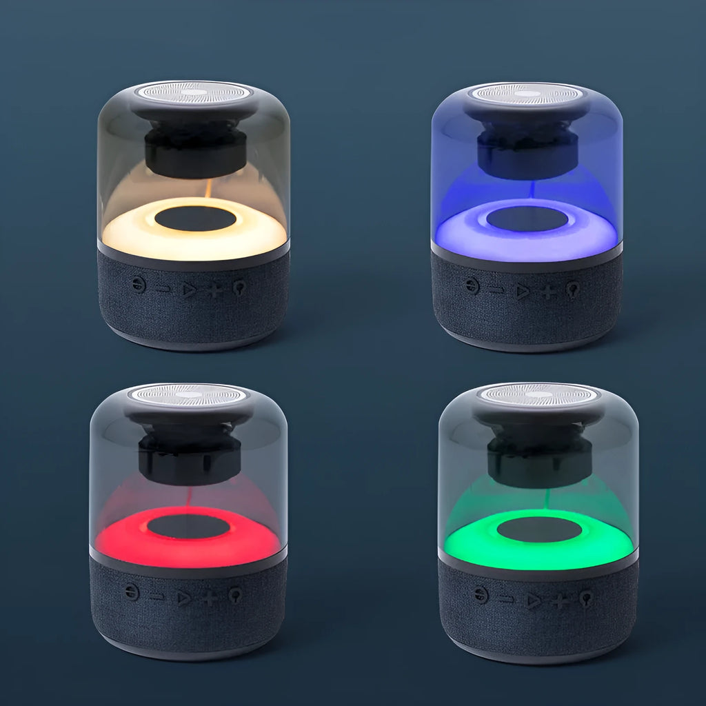 Black wireless Bluetooth speaker with touch controls and 360-degree sound projection