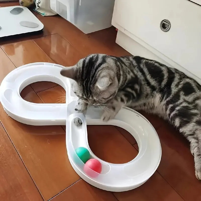Blue and white cat turntable track ball toy set with teasing stick measuring 50cm long