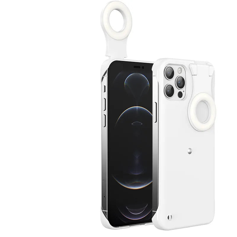 Selfie ring flashing light mobile phone case in blue for iPhone with PU TPU construction and metal stamping finish