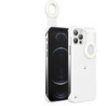 Selfie ring flashing light mobile phone case in blue for iPhone with PU TPU construction and metal stamping finish