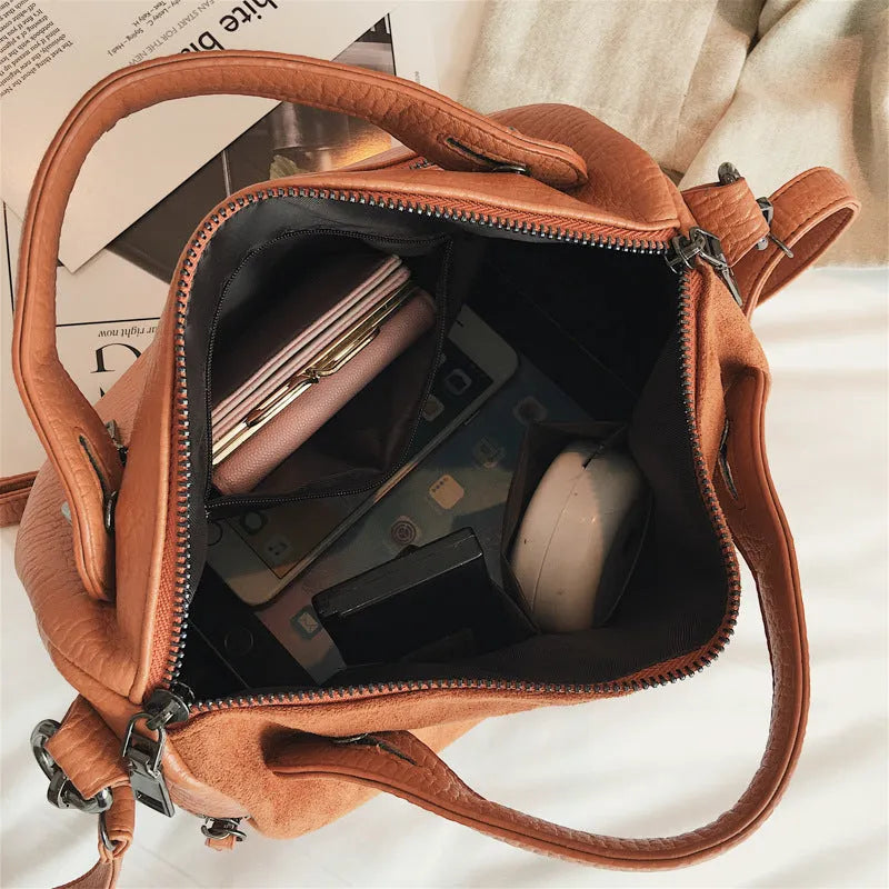 Soft PU large tote shoulder bag for women in black, brown, or grey colour.