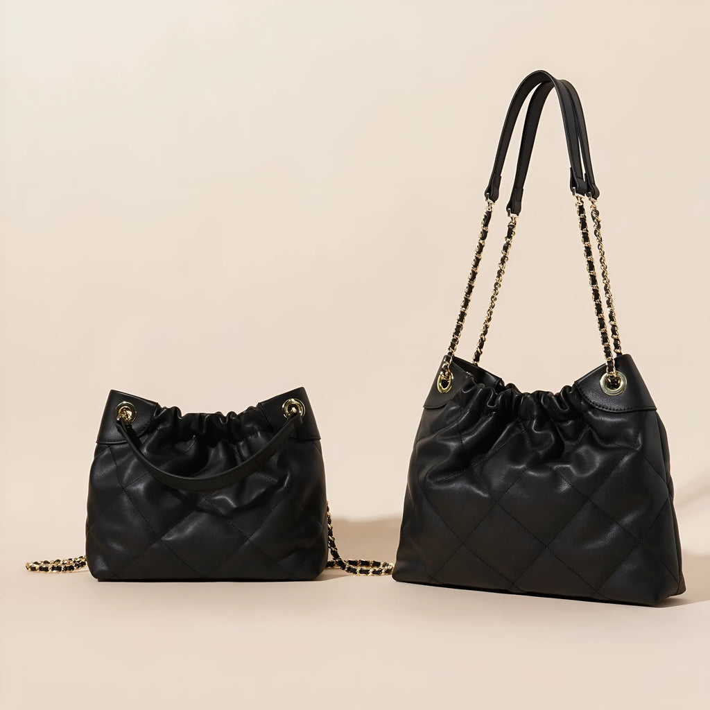 Black genuine leather bucket bag for women with single shoulder strap urban simplicity style