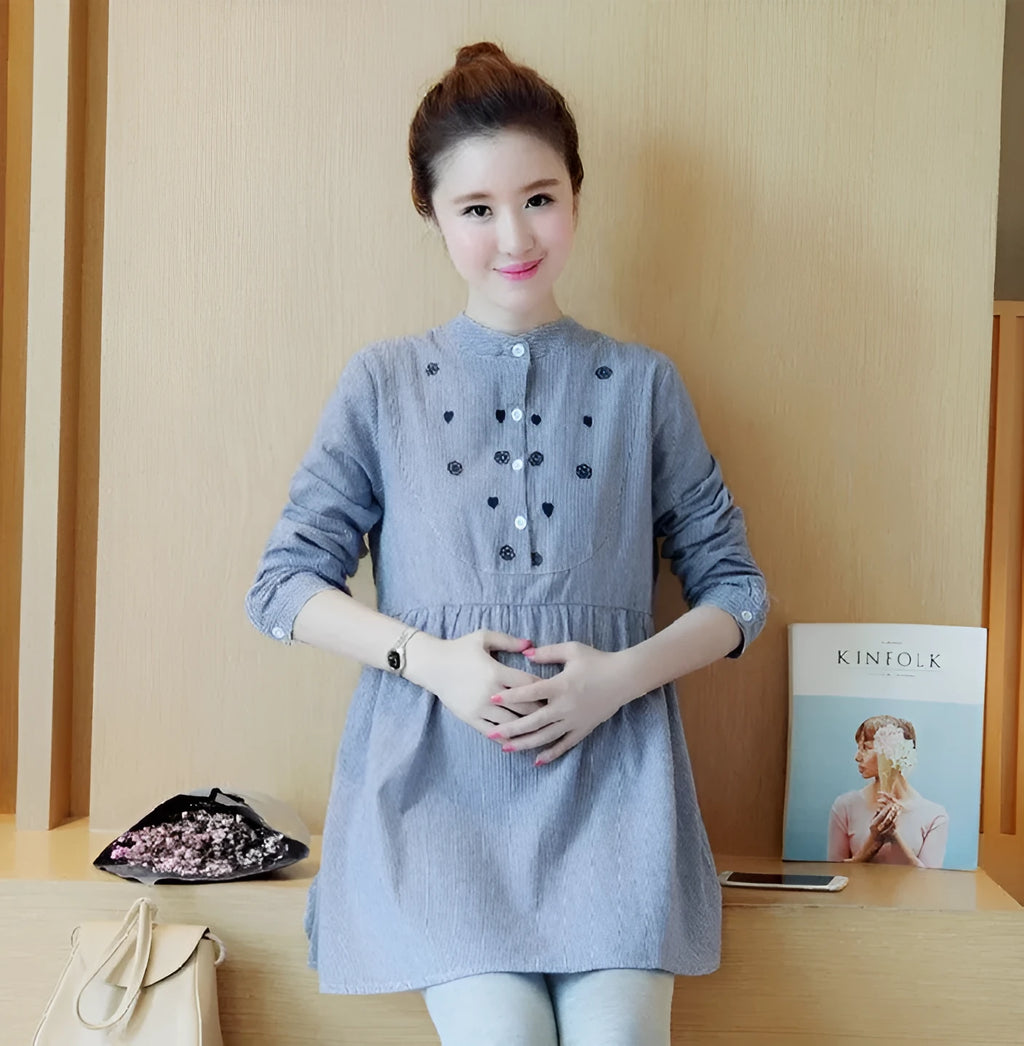 Striped maternity top with stand-up collar and long sleeves in sky blue or red, sizes M to 2XL