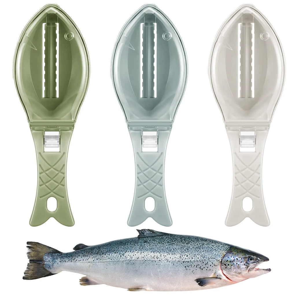 Fish-shaped scale scraper kitchen tool in white green or blue with cover and hanging hole