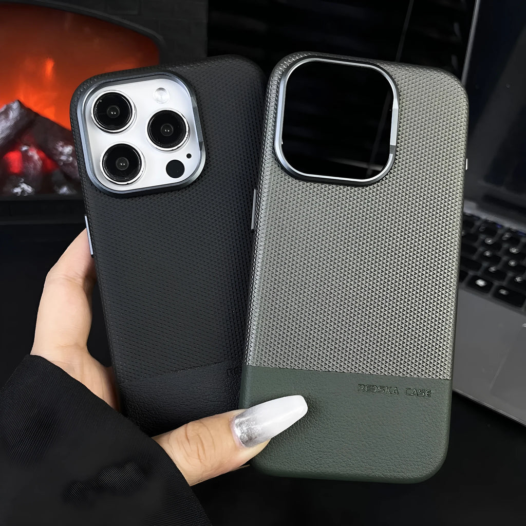 Black iPhone case with dragon scale texture and stitching design, showing magnetic ring on back.