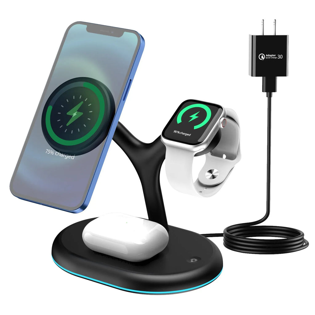 Black three-in-one magnetic wireless charger on a surface