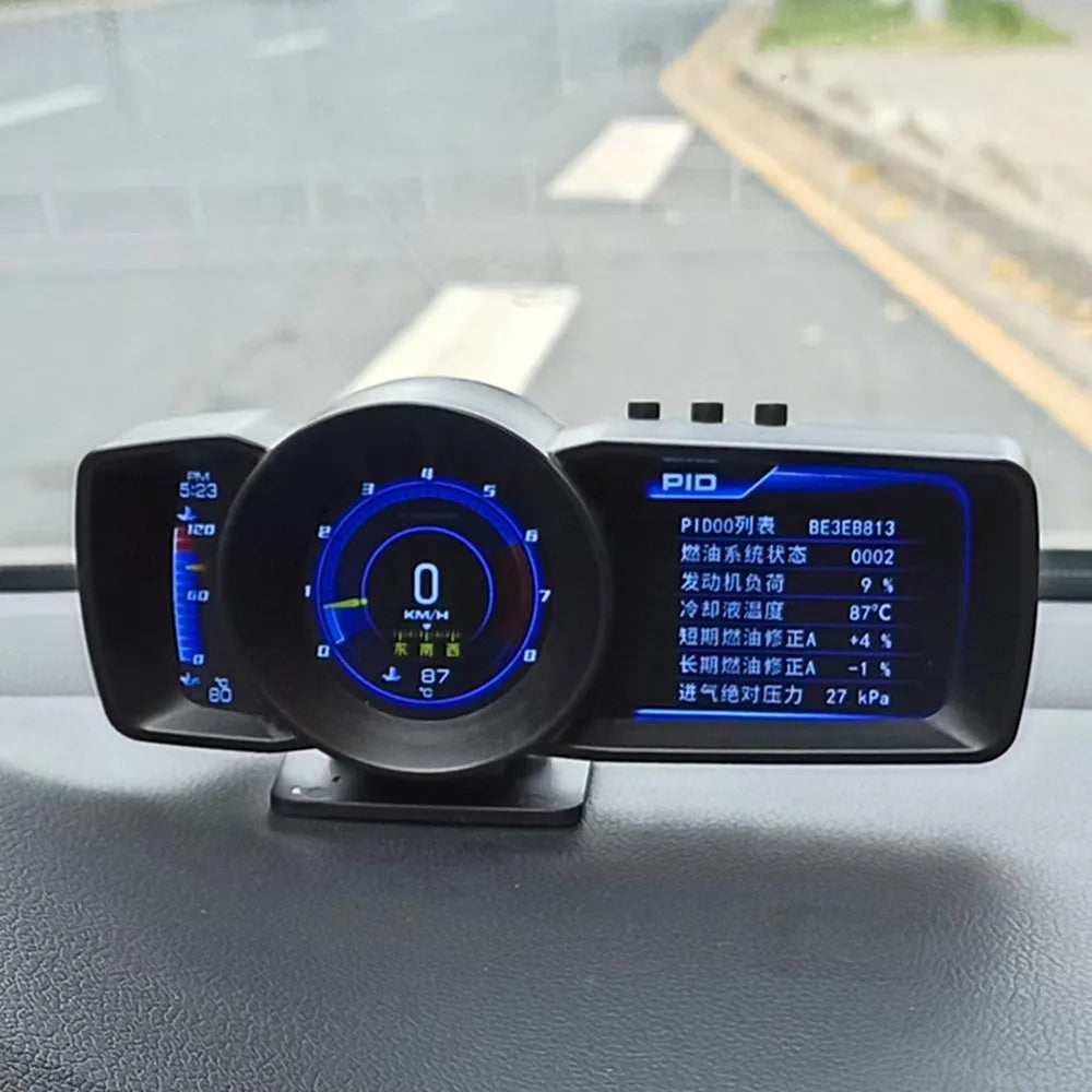A600 OBDII driving computer with 480x320 TFT screen showing vehicle diagnostics and GPS navigation display