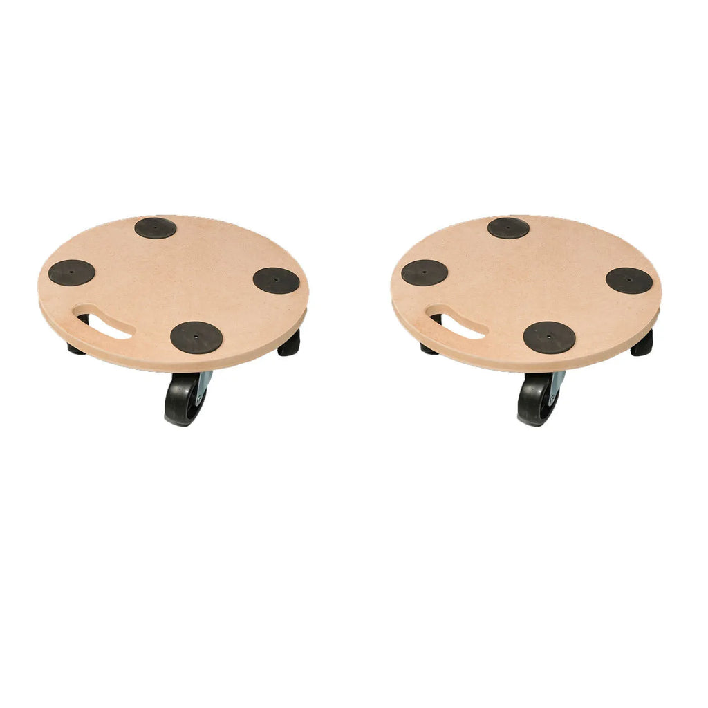 Two natural wood mover trolleys with wheels and a non-slip platform surface.