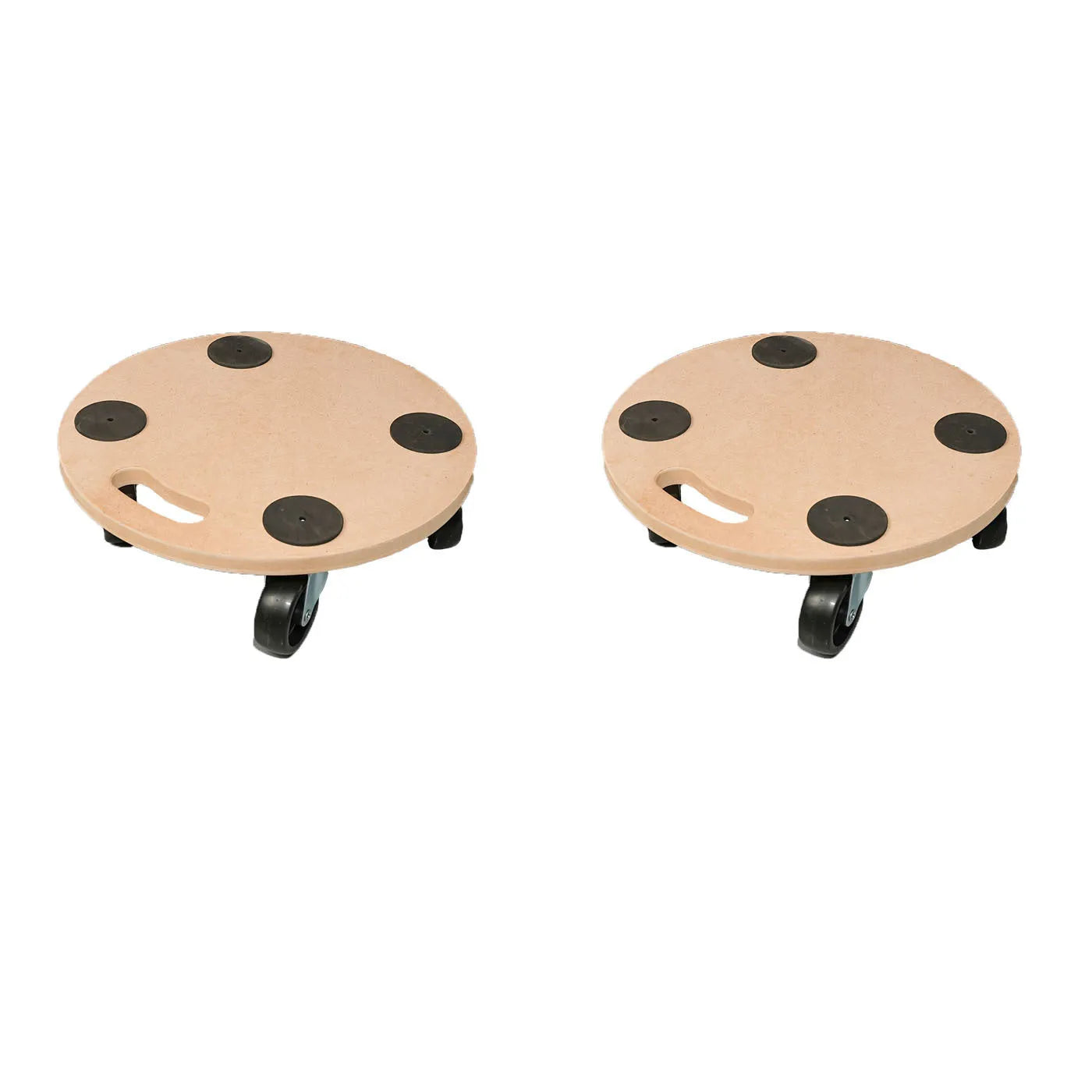 Two natural wood mover trolleys with wheels and a non-slip platform surface.