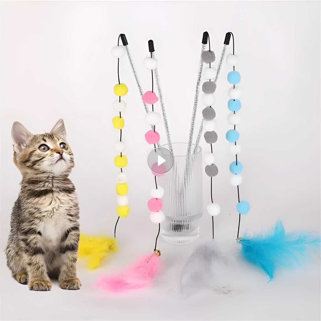 31cm cat teaser rod with colourful pompons and feathers on lightweight stick