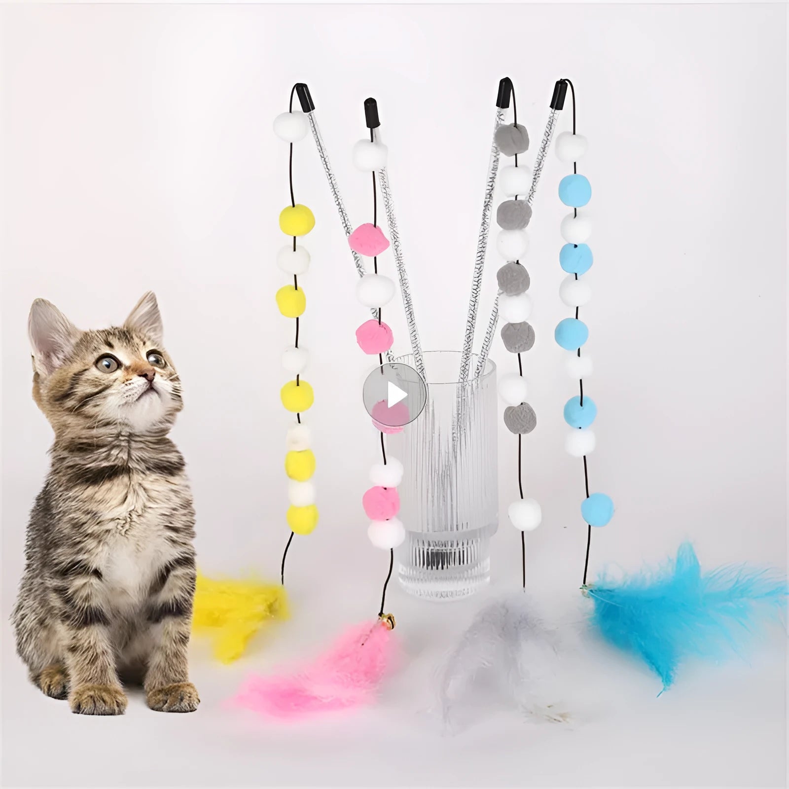 31cm cat teaser rod with colourful pompons and feathers on lightweight stick