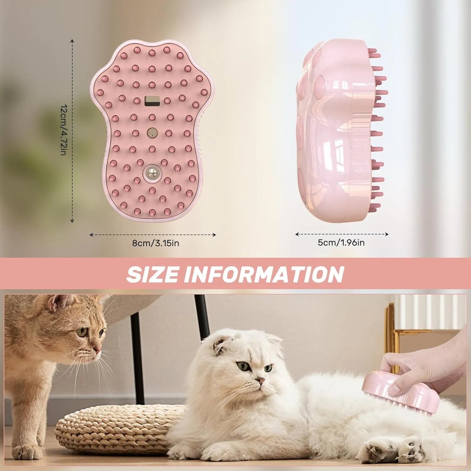 Blue self-cleaning cat steam brush with silicone bristles and release button for pet grooming