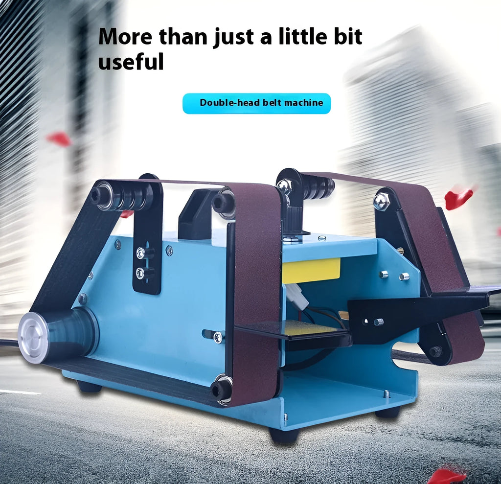 Blue desktop dual-axis belt sander with abrasive belt, variable speed switch, and compact chassis.