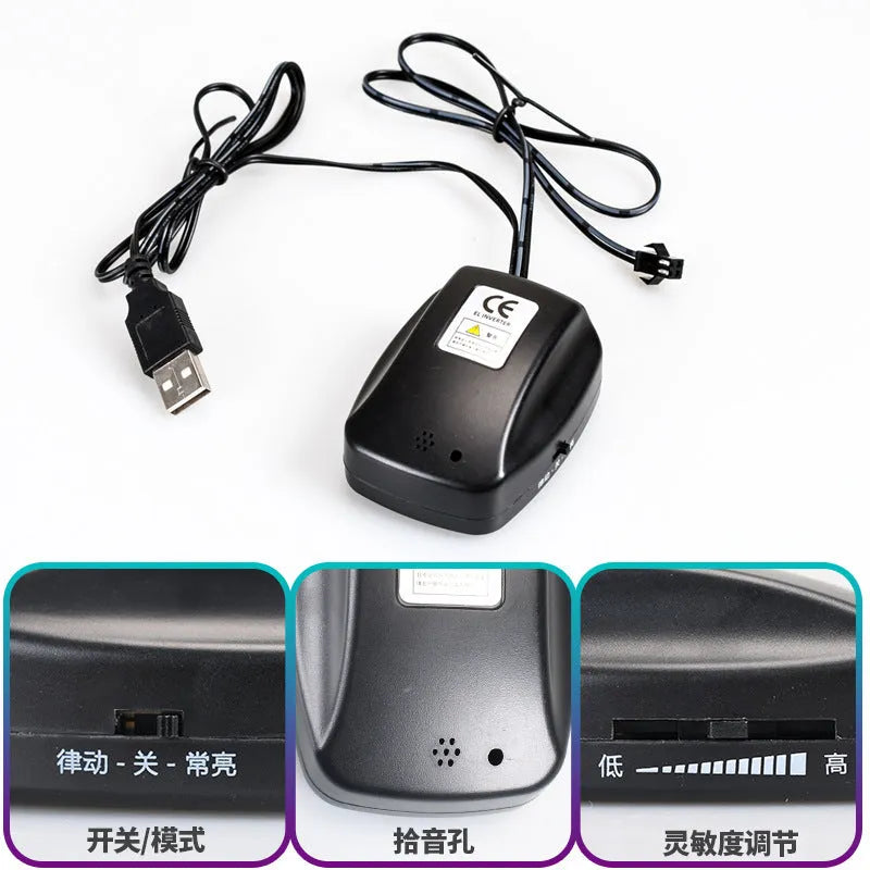 USB voice-activated EL ambient light in multiple colours for car dashboard