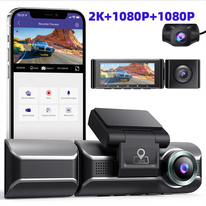Black car dash cam with front and rear lenses, 3-inch screen, WiFi GPS, mounted on windshield bracket