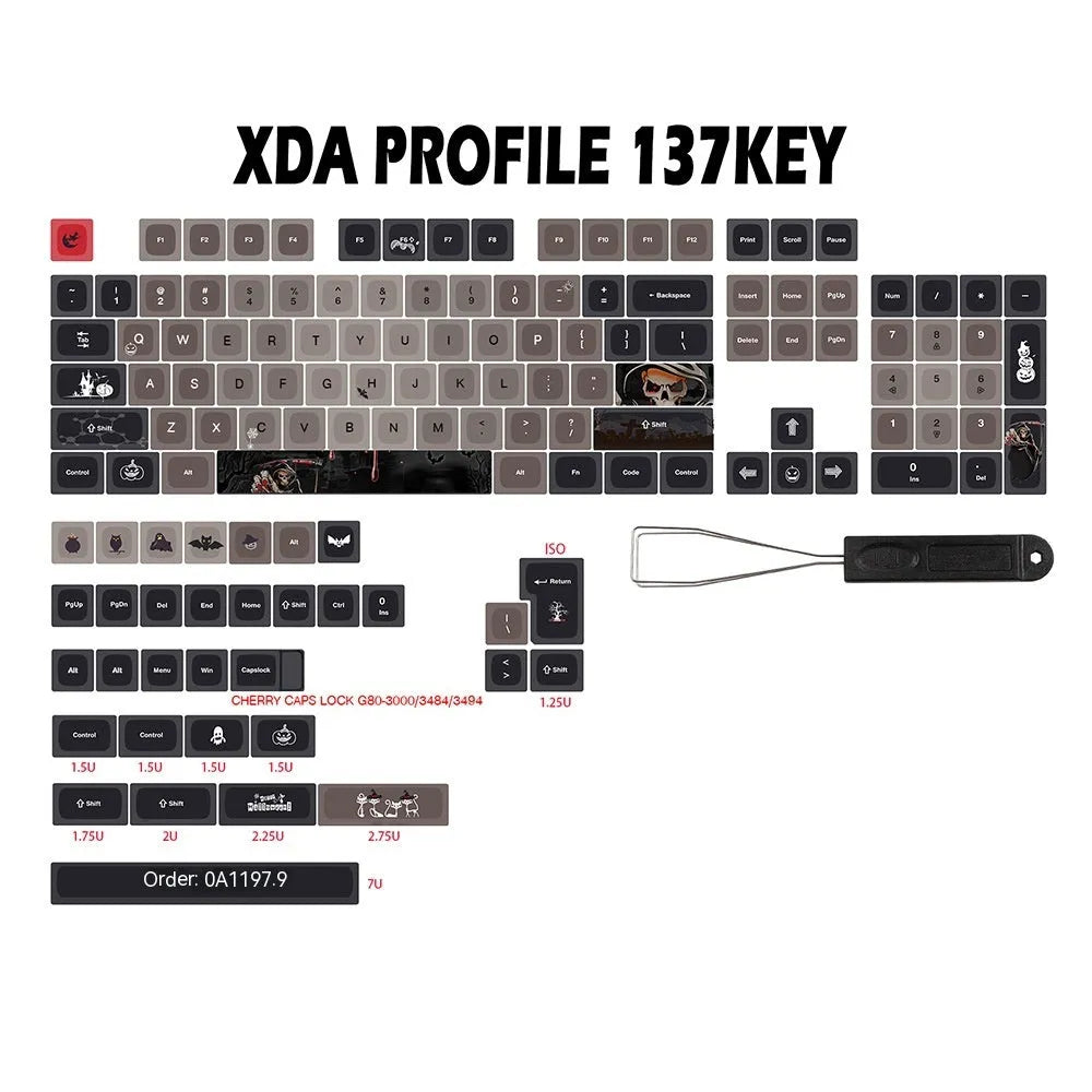 Five-sided sublimation PBT key cap set with Halloween theme in US layout showing 137 keys