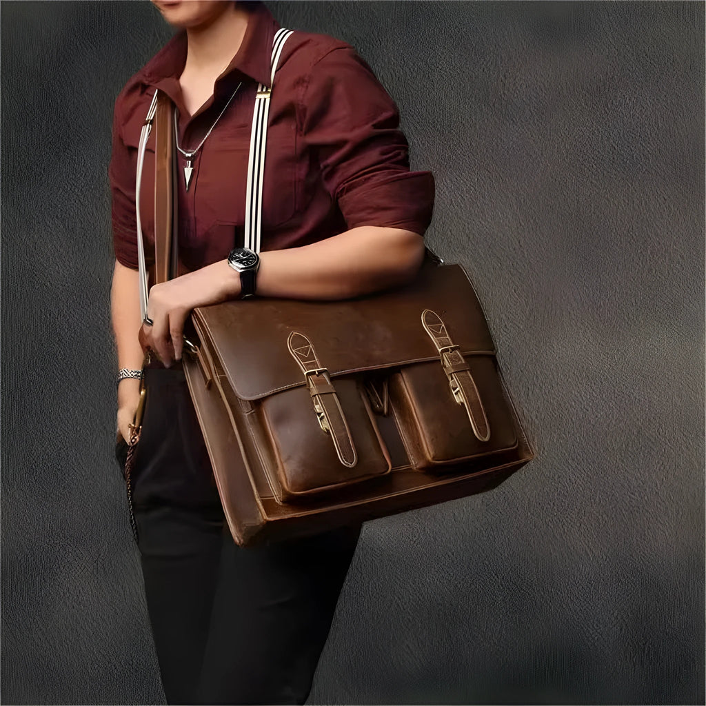 Cowhide leather crossbody computer bag in dark brown with business styling and anti-theft features
