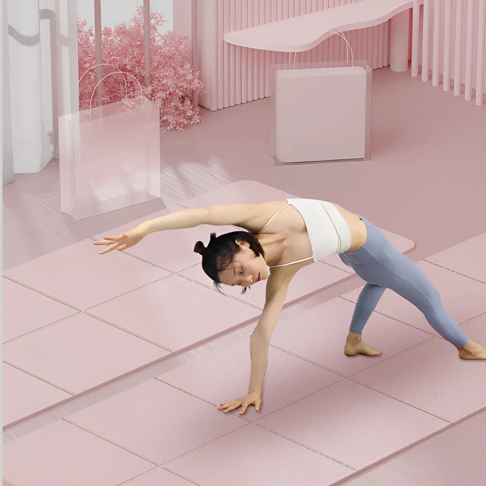 A folded and unfolded purple TPE yoga mat on a wooden floor, showing its size and folding design.