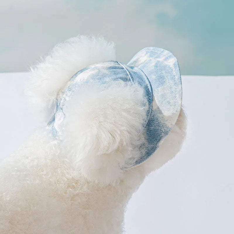 Pet hat with ear holes in blue for small dogs, with adjustable chain rope and tie-dye pattern