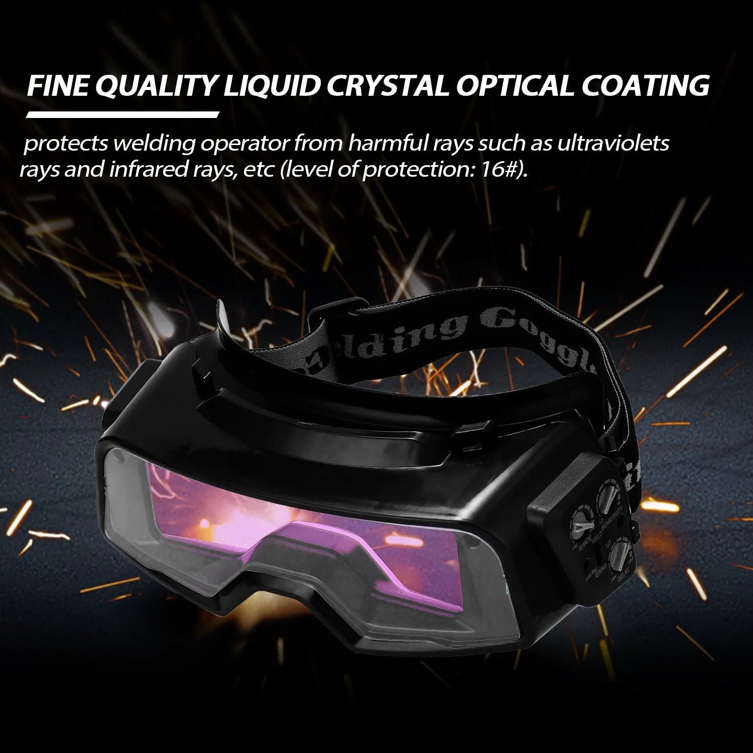Black automatic darkening welding mask showing the large rectangular viewing lens and head strap.