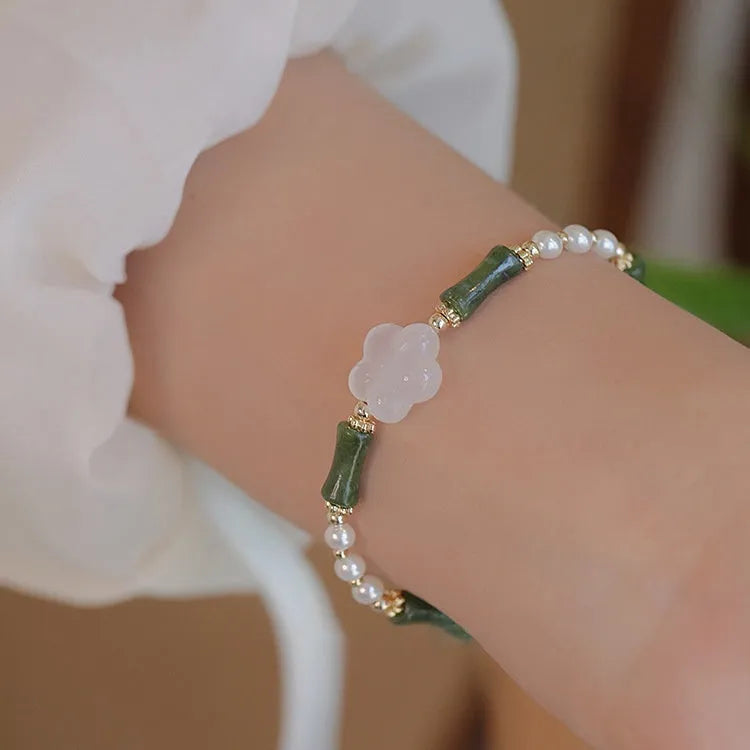 Chinese antique-style bamboo joint bracelet with Hetian jade and 4mm shell pearls on copper wire