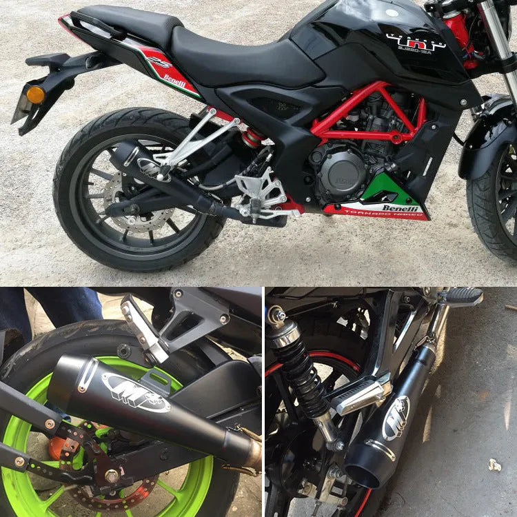 Universal M4 motorcycle exhaust pipe in various finish options including black, titanium, and blue.
