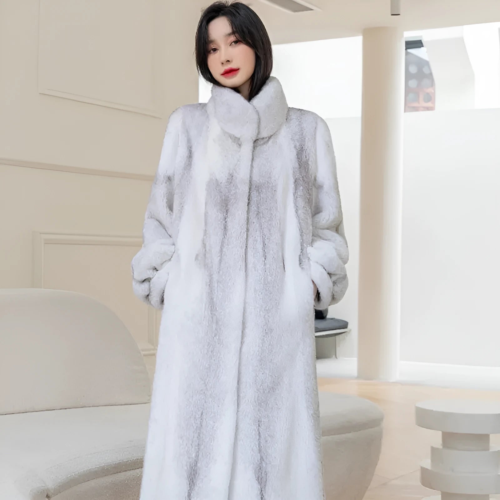 Women's long white faux fur coat with stand-up collar showing front view