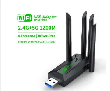 Black USB Wi-Fi network transmitter dongle with four external antennas.