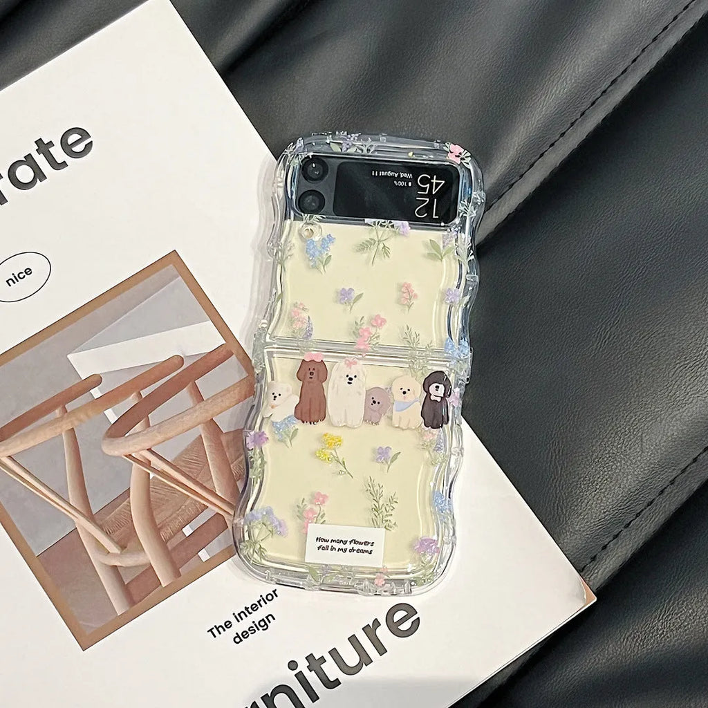 Transparent TPU folding phone case with floral puppy pattern for Samsung and other flip phones