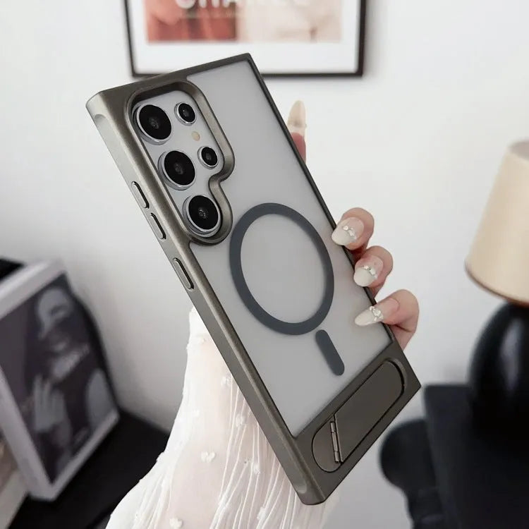 Samsung folding metal bracket phone case with magnetic skin feeling in black frosted finish on a flat surface