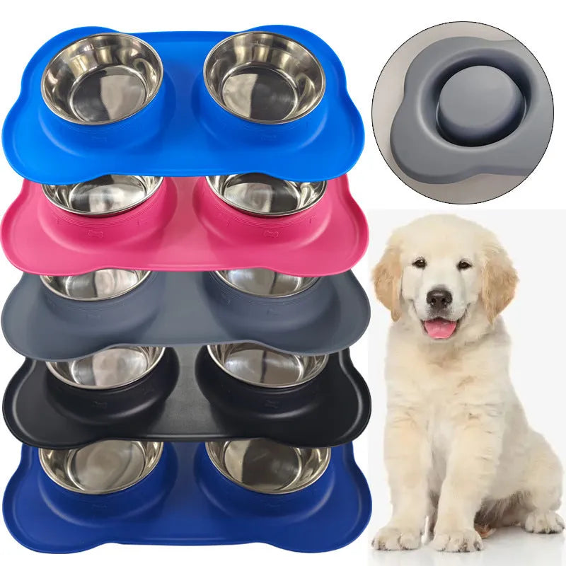 Large silicone pet bowl with stainless steel inner component in blue colour