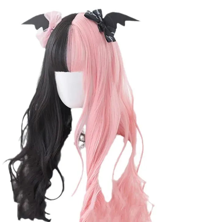 Harajuku Japanese Lolita long curly black and pink wig with bangs for cosplay.