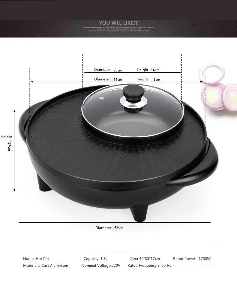 Black electric hot pot with aluminium alloy inner pot and control panel showing temperature settings