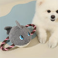 Grey turtle-shaped dog chew toy made with knotted rope and soft stuffing.