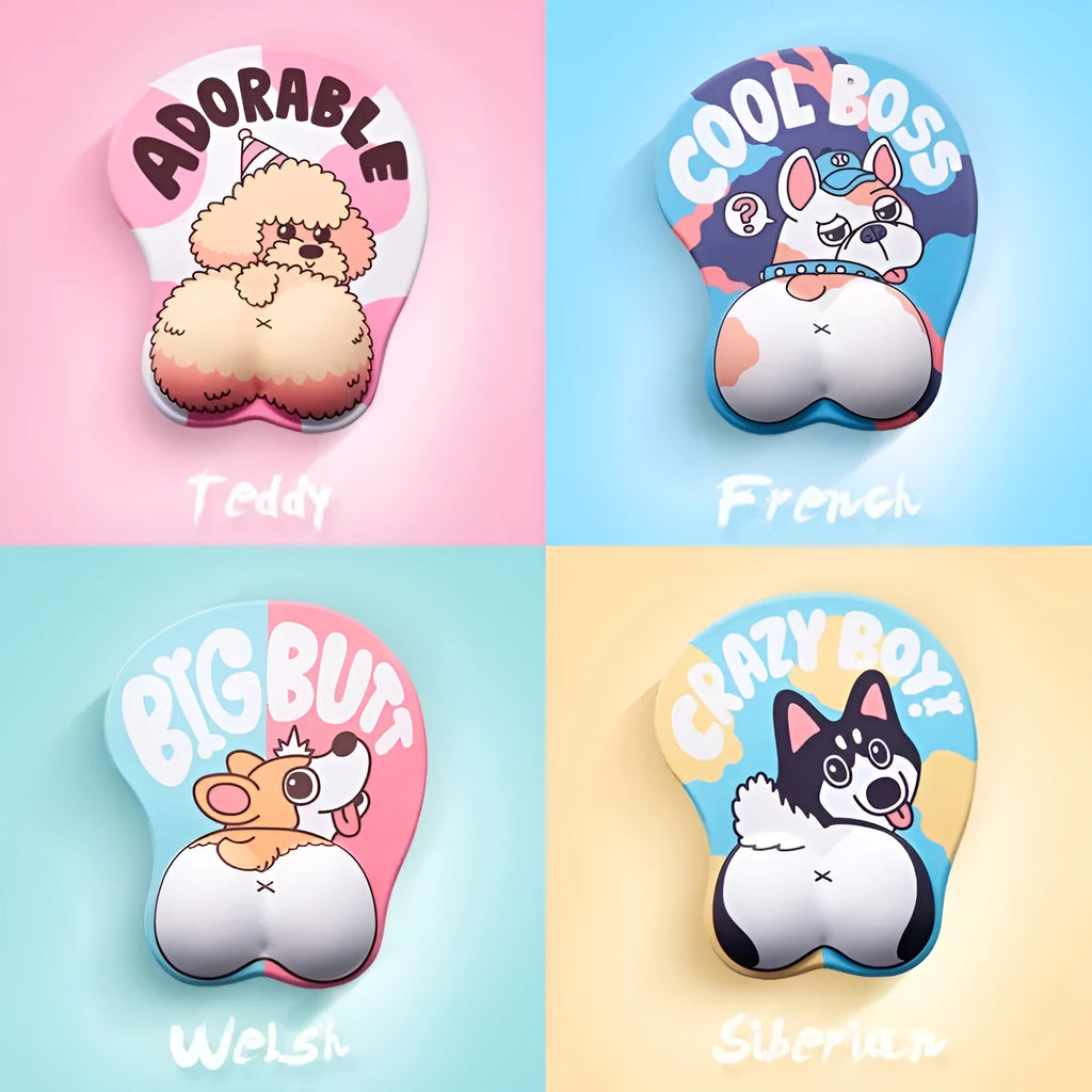 3D corgi-shaped mouse pad with raised wrist cushion in blue colour