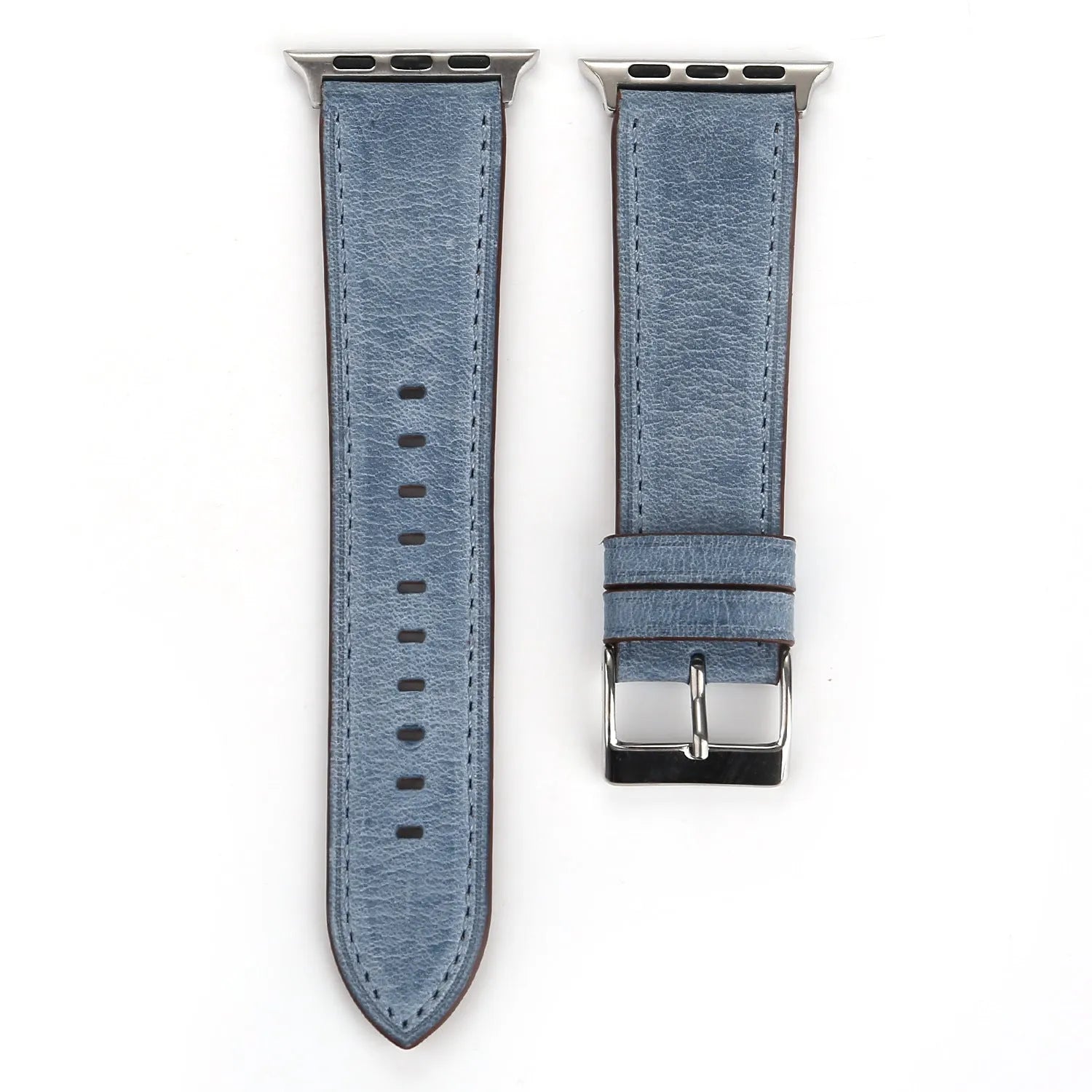 Genuine leather watch strap with a folding buckle in various colours on a grey background.