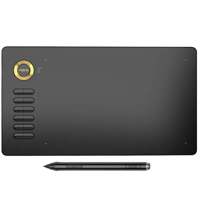 VEIKK A15 electronic digital graphic drawing tablet in black with stylus pen and USB-C cable on desk