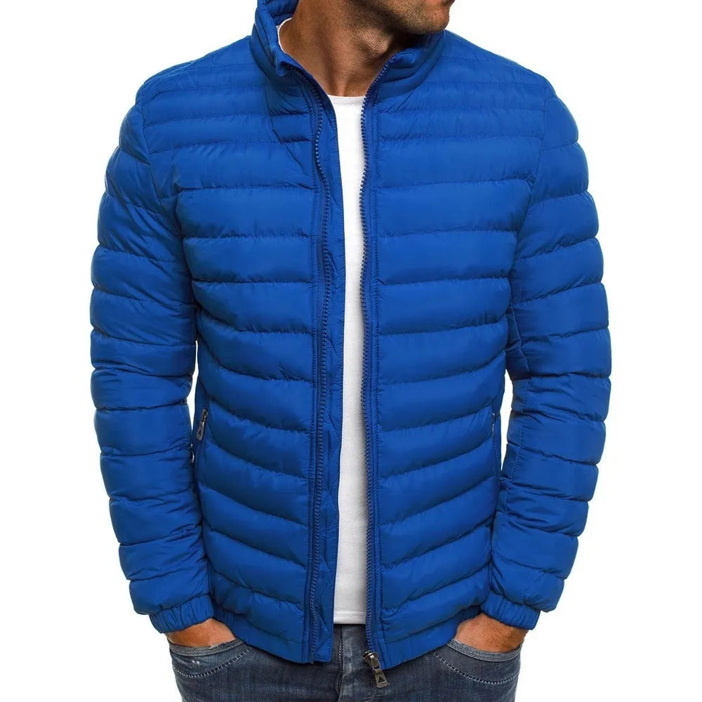 Men's thickened padded jacket with full-length zip, zipped pockets, and solid colour design in gray, black, or navy blue.