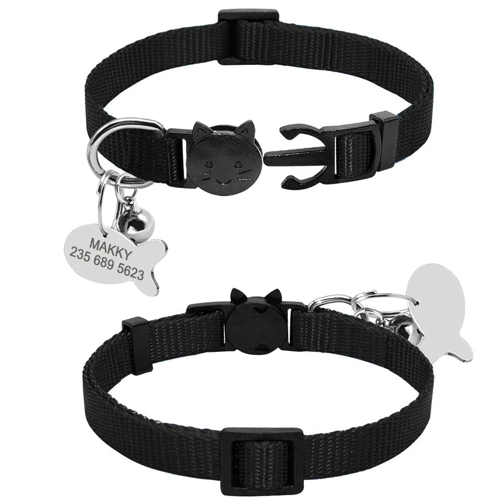 Personalised safety breakaway cat collar with quick release buckle, nylon webbing, fish ID tag, bell, black, for small cats