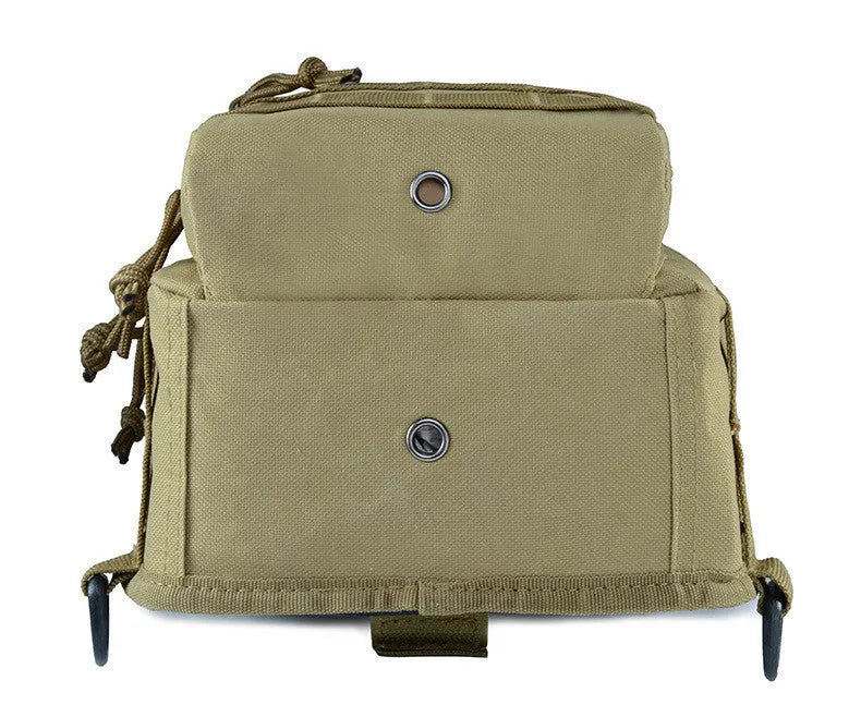 Small green camouflage tactical backpack with MOLLE webbing on front, carried crossbody.