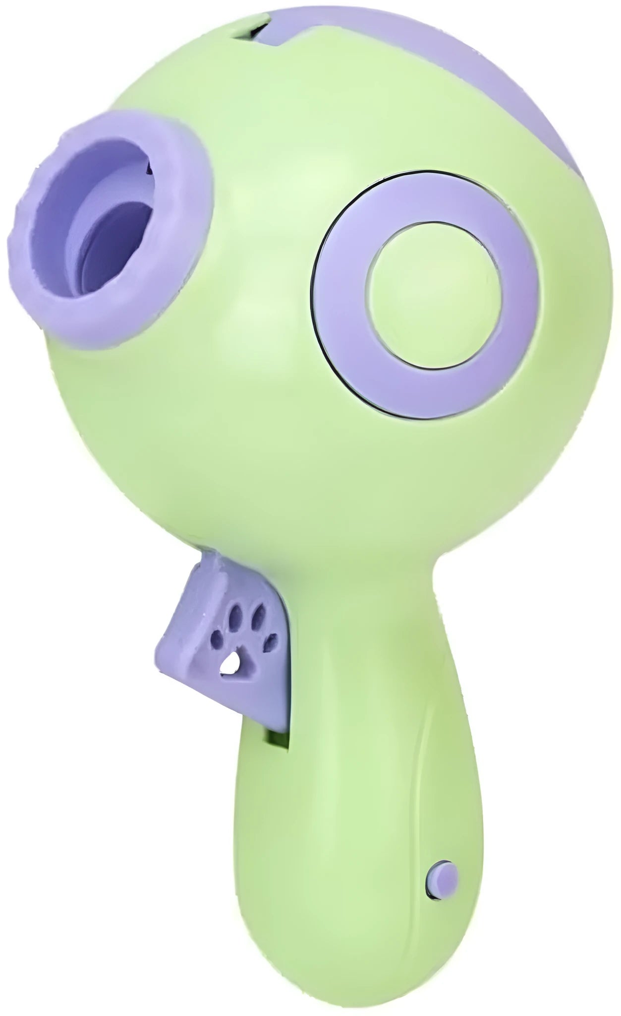 Green, orange, and pink interactive dog treat launcher toy with food dispenser