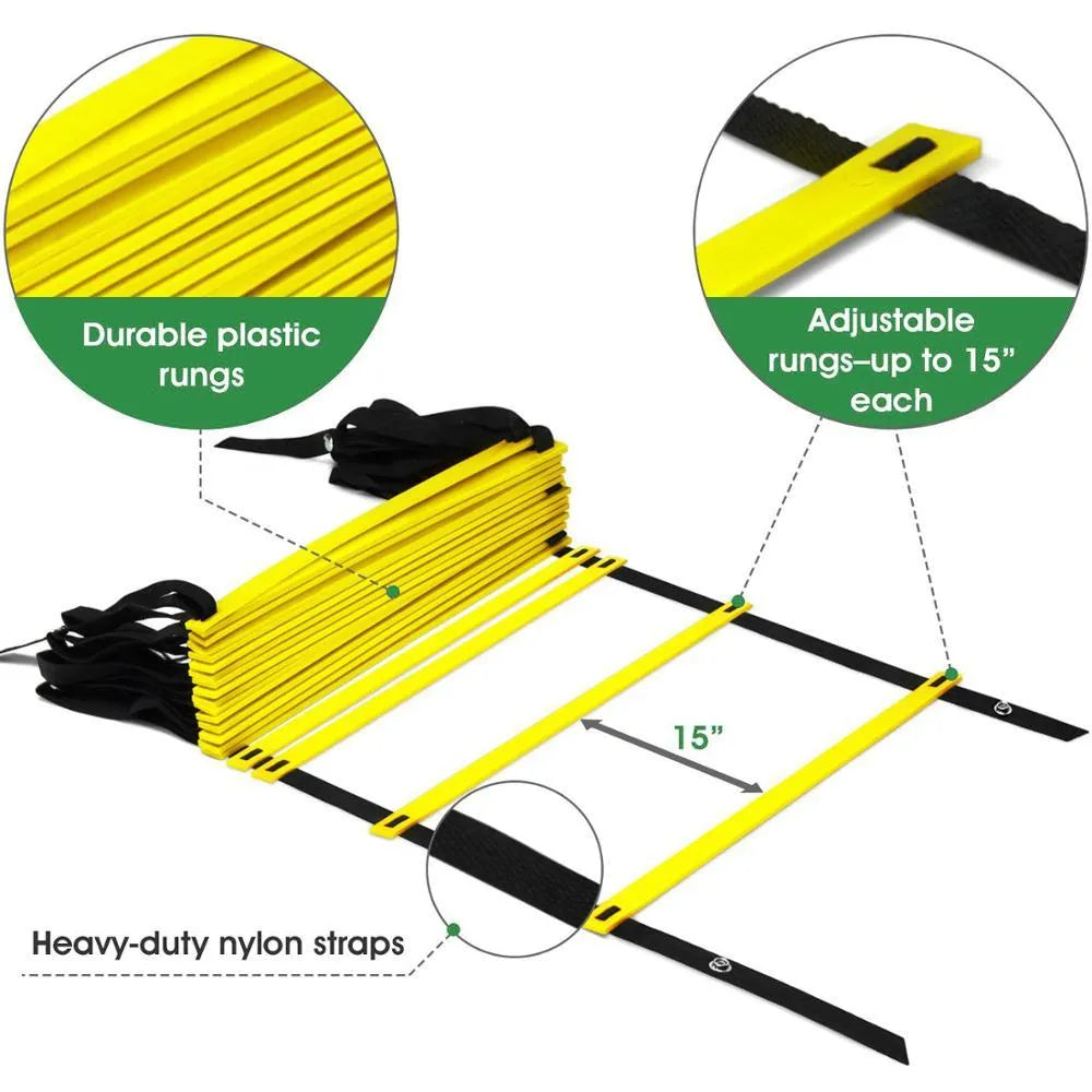 Yellow 6 metre 12 rung football training ladder with steel clips, parachute resistance, agility cones and gym bag