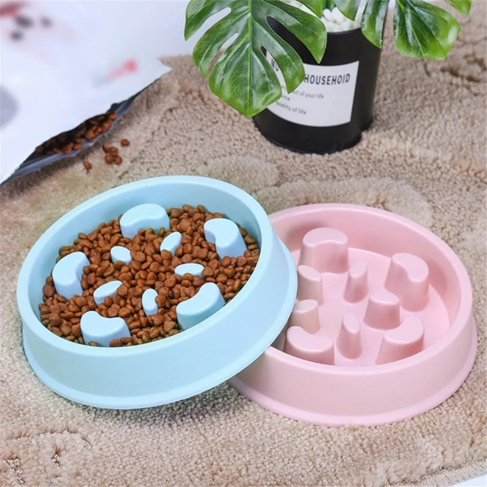 Blue plastic pet bowl with anti-choking slow feeding puzzle pattern for dogs and cats