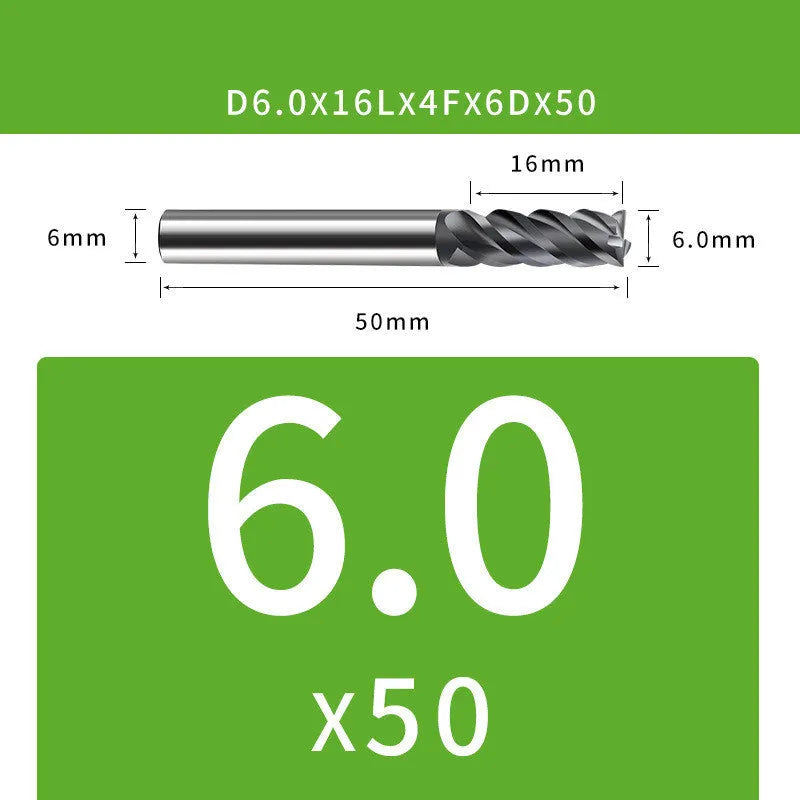 Tungsten steel 4-blade end mill with 90-degree chamfer angle shown beside size measurement indicators