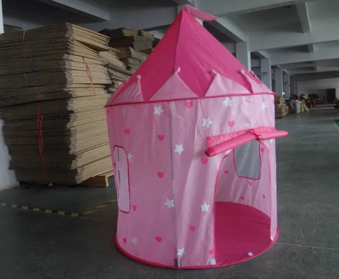 Kids foldable castle play tent in blue with sturdy poles and open front, ideal for indoor outdoor use