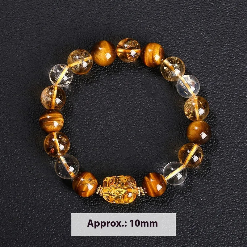 Natural yellow tiger's eye and citrine gemstone bracelet with 10mm beads and a steel Pi Xiu charm.