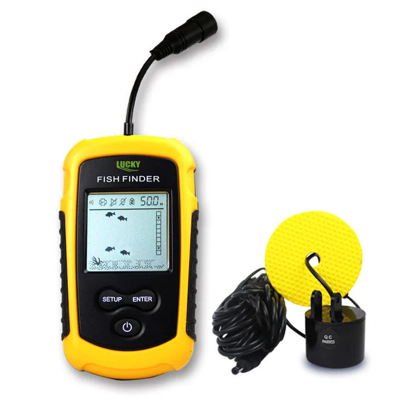 Yellow wired fish finder with 200KHZ sonar, 73m depth range, multi-language display