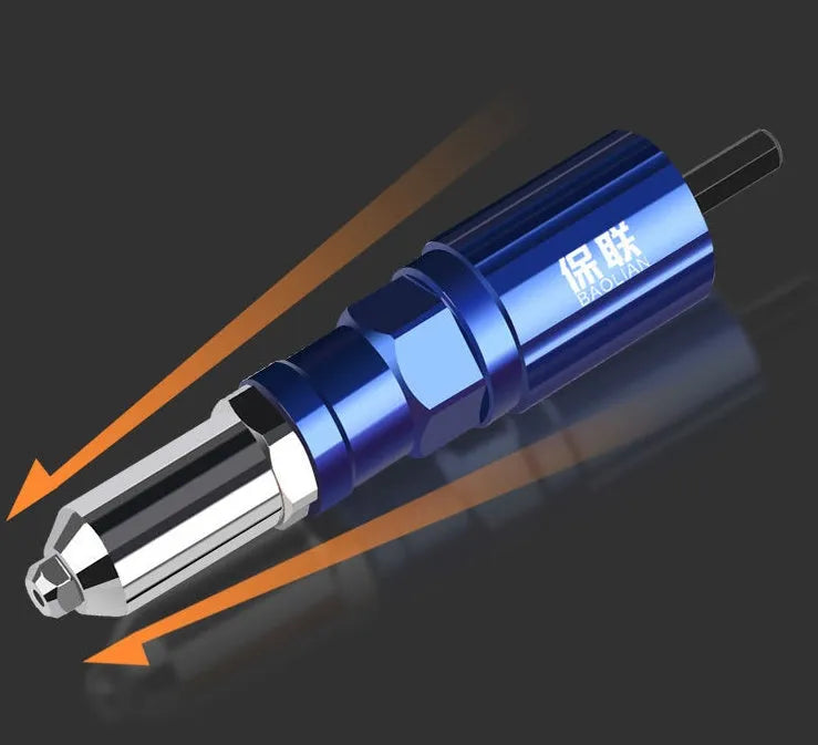 Electric rivet gun set with carbon steel body, blue and black, 160mm length, includes blind rivets and converters