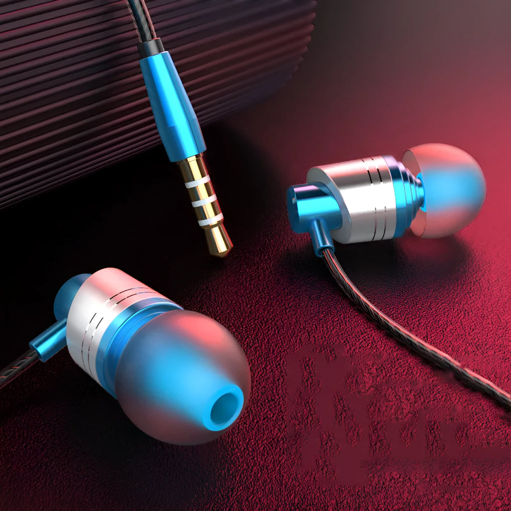 Black in-ear wired headphones with microphone, showing 3.5mm plug and 1.2m TPE cable