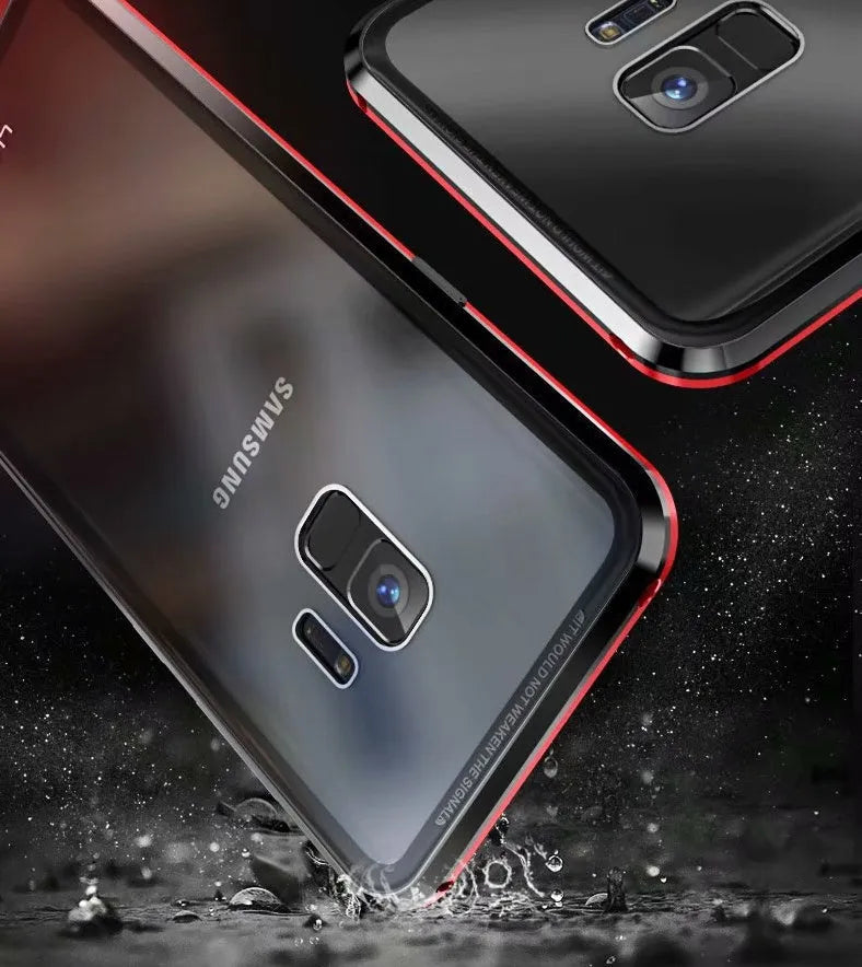 Samsung smartphone in a black clamshell magnetic case with anti-peeping screen, shown open and closed.